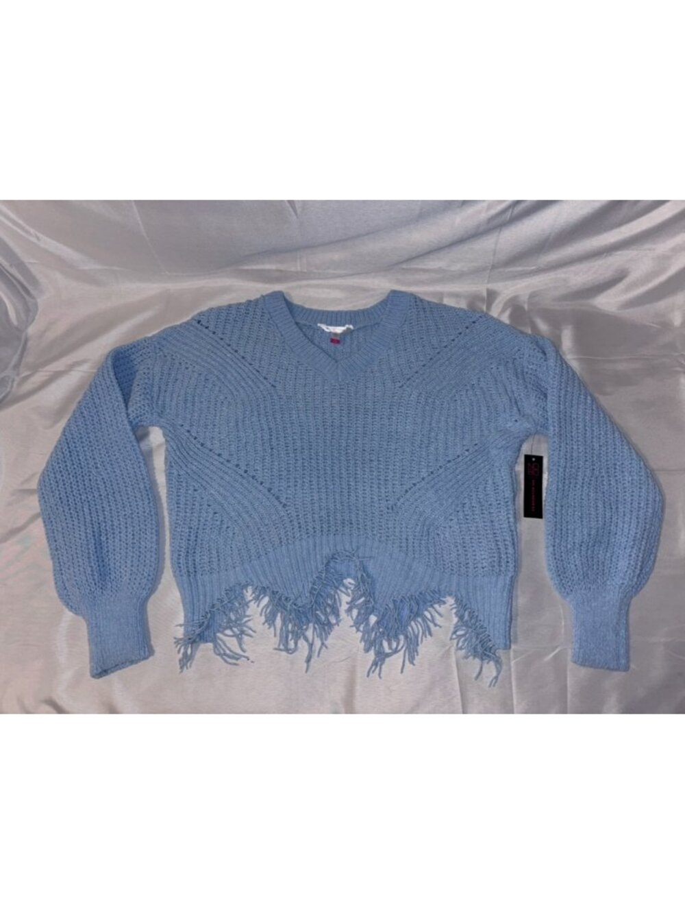 No Boundaries Blue Distressed Fringe Cropped Sweater Size Medium NWT
